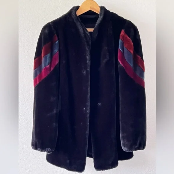 Vintage 80s Black Faux Fur Teddy Coat Colorblock Stripe Size Medium - Picture 4 of 12
